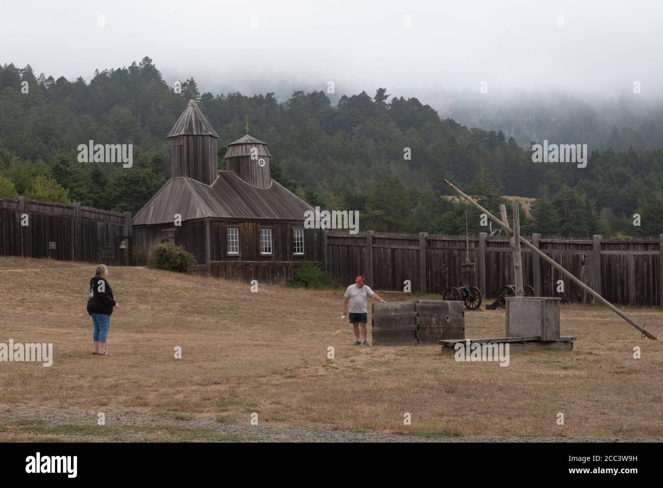 Fort Ross,CA, USA, July 25, 2020. The public visits the Russian Fort on a gloomy, foggy day, during the COVID-19 pandemics. All museums and indoor spa Stock Photo
