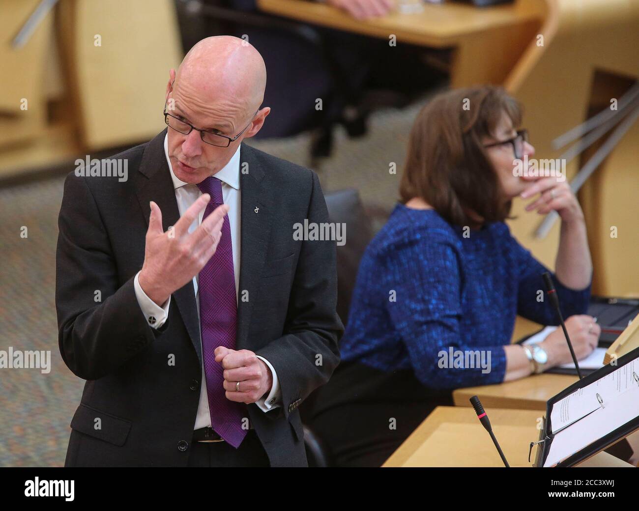 Education Secretary and Deputy First Minister John Swinney during questions on whether the Scottish Government will provide an update on the return of schools and the number of pupils and staff who have tested positive for COVID-19, in the Scottish Parliament, Edinburgh. Stock Photo