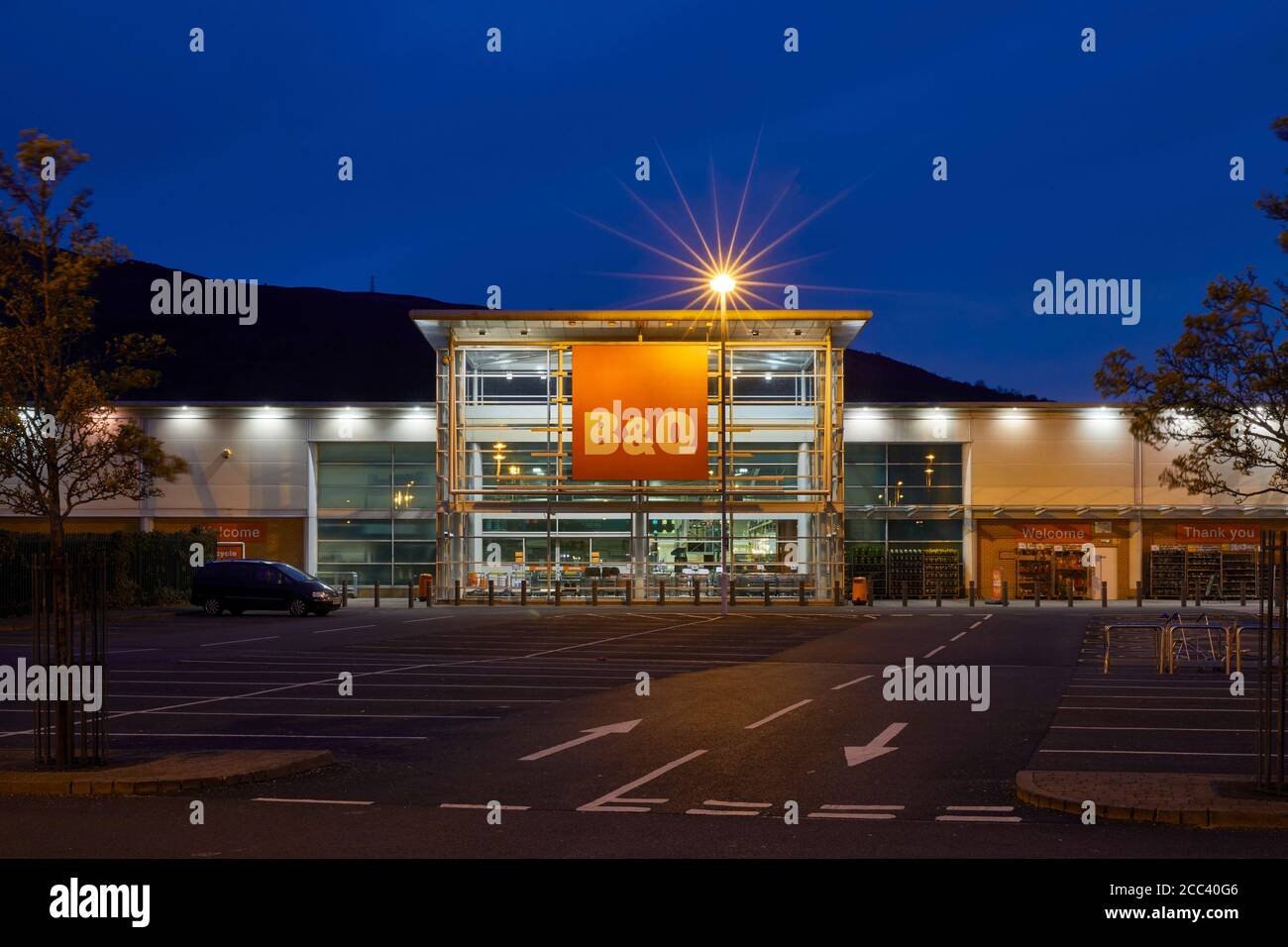 B&Q car park. Abbey Retail Park, Belfast, Belfast, Ireland. Architect: N/A, 2019. Stock Photo