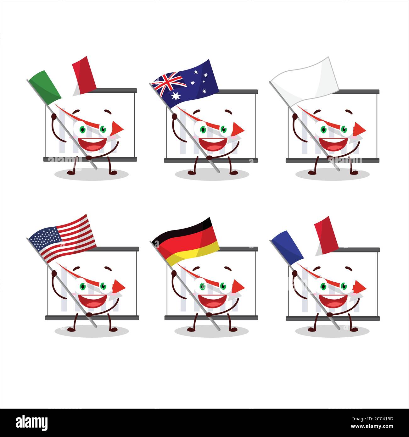 Chart going down cartoon character bring the flags of various countries