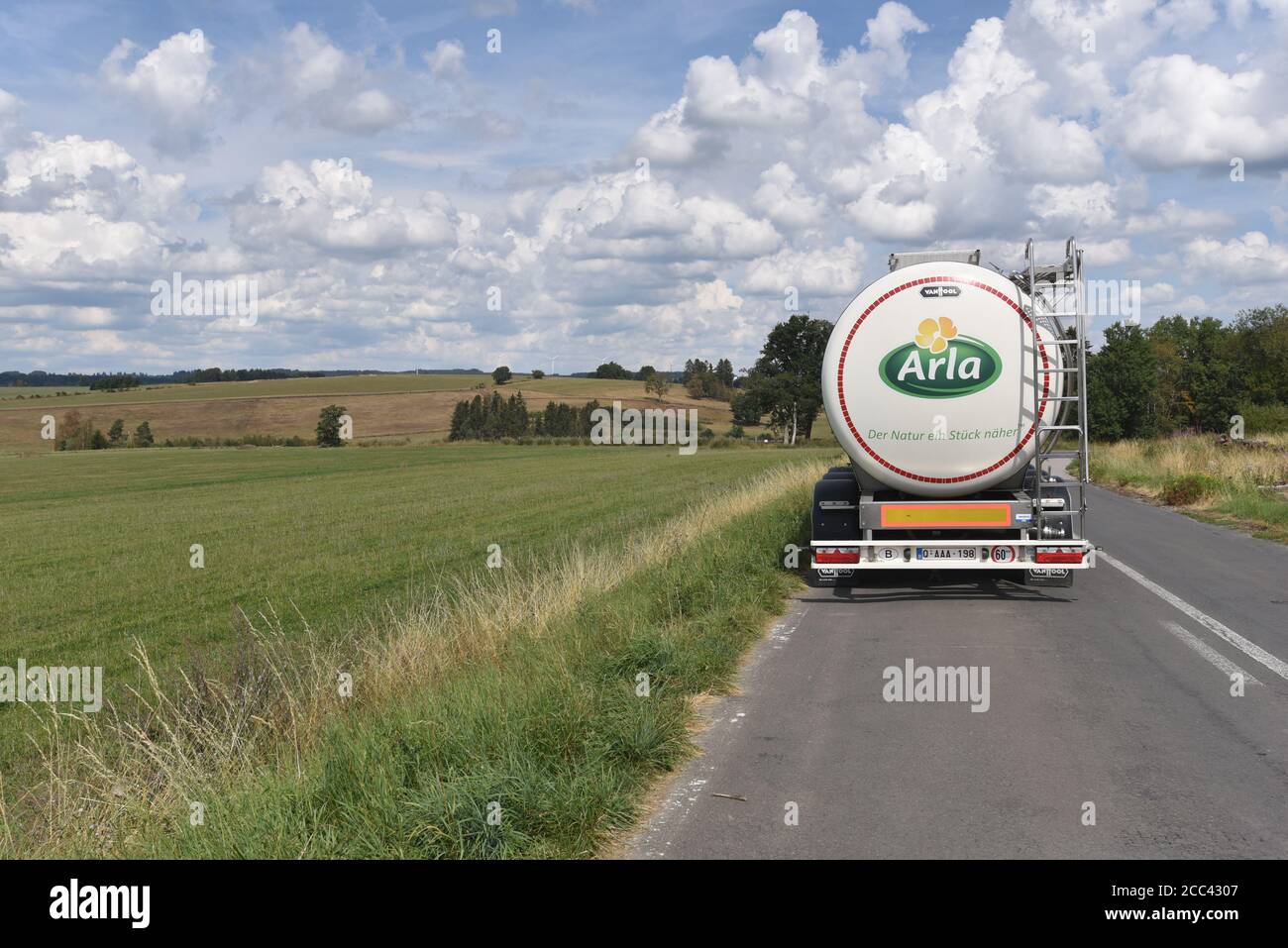 16 August 2020, Belgium, Sankt Vith: A milk transporter from the ARLA dairy  with the advertisement "