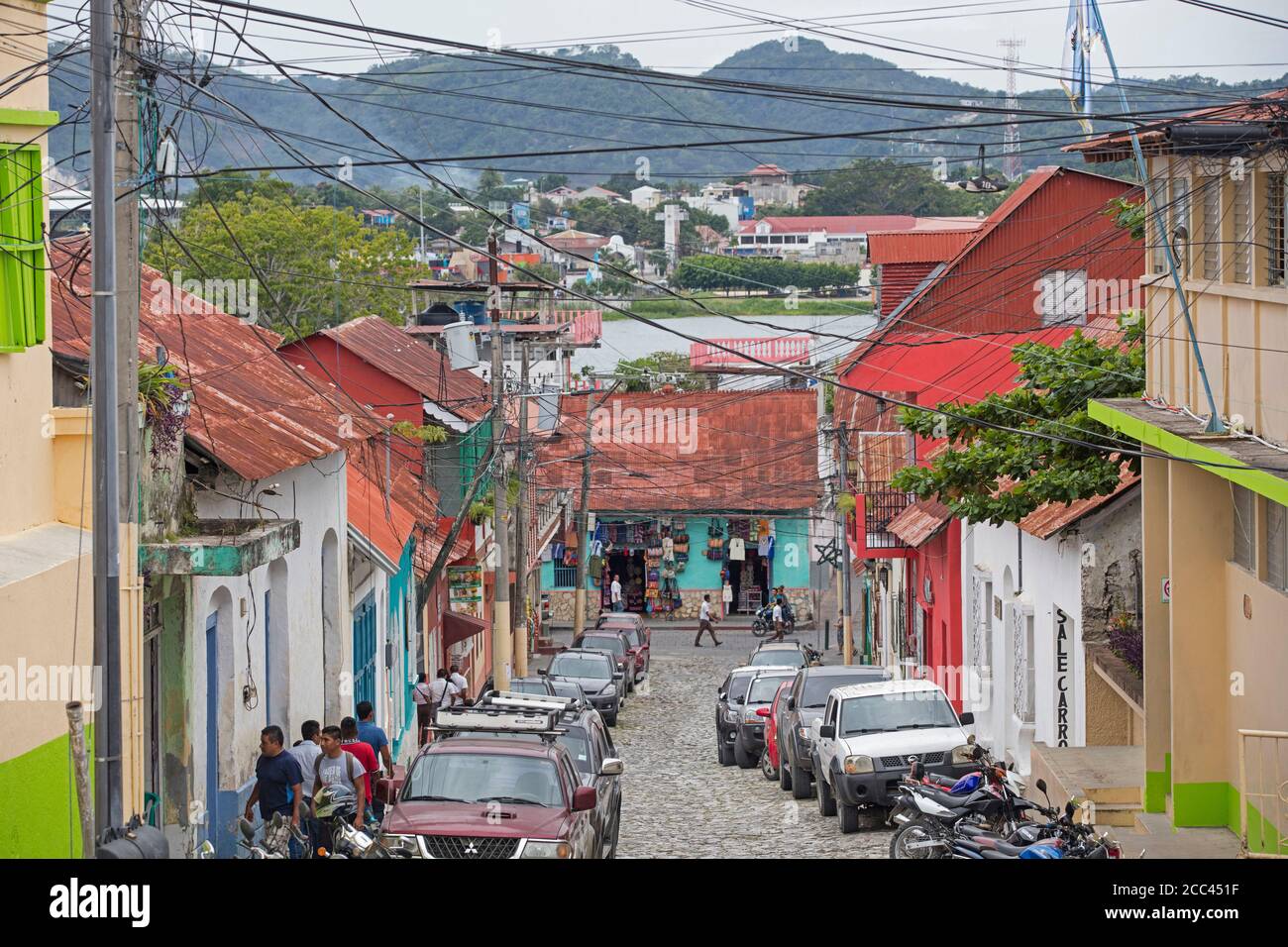 Street in the city Flores, capital of the Petén Department, Guatemala, Central America Stock Photo