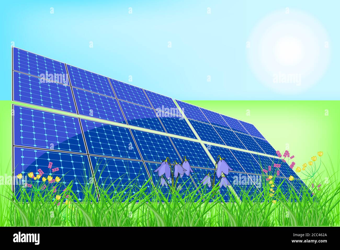 Solar panel batteries in a meadow. Solar energy power plant on the