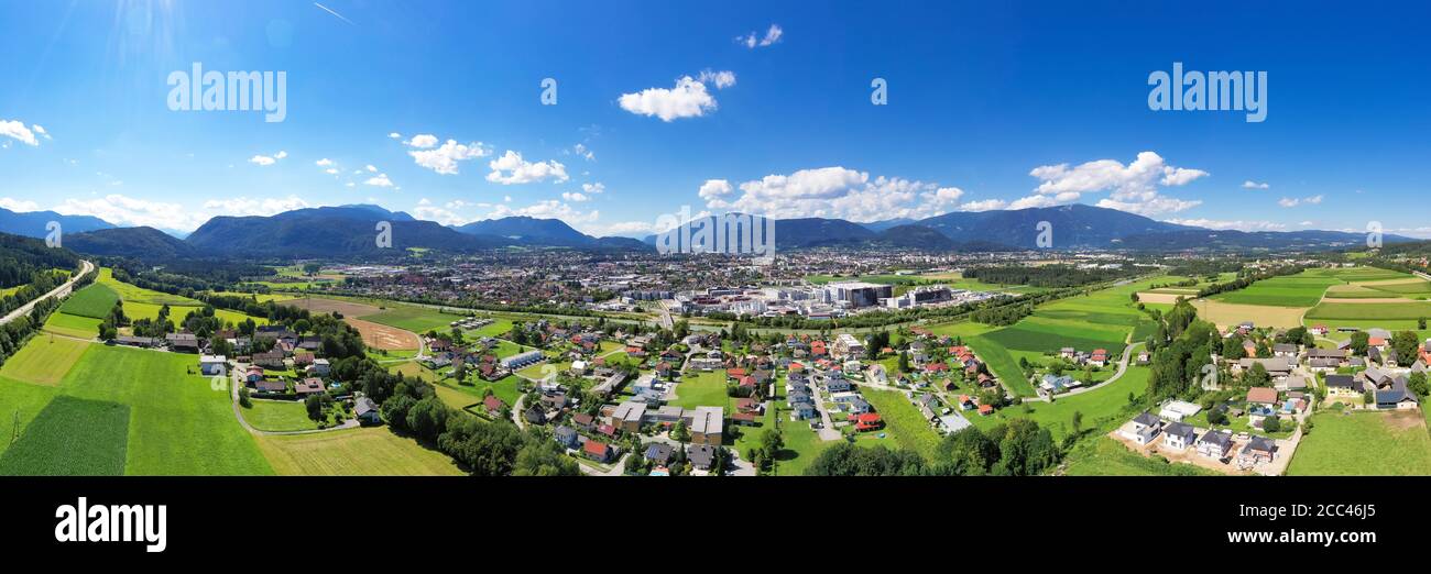 Villach in Carinthia. Aerial panoramic view to the small famous town in the South of Austria during summer. Stock Photo