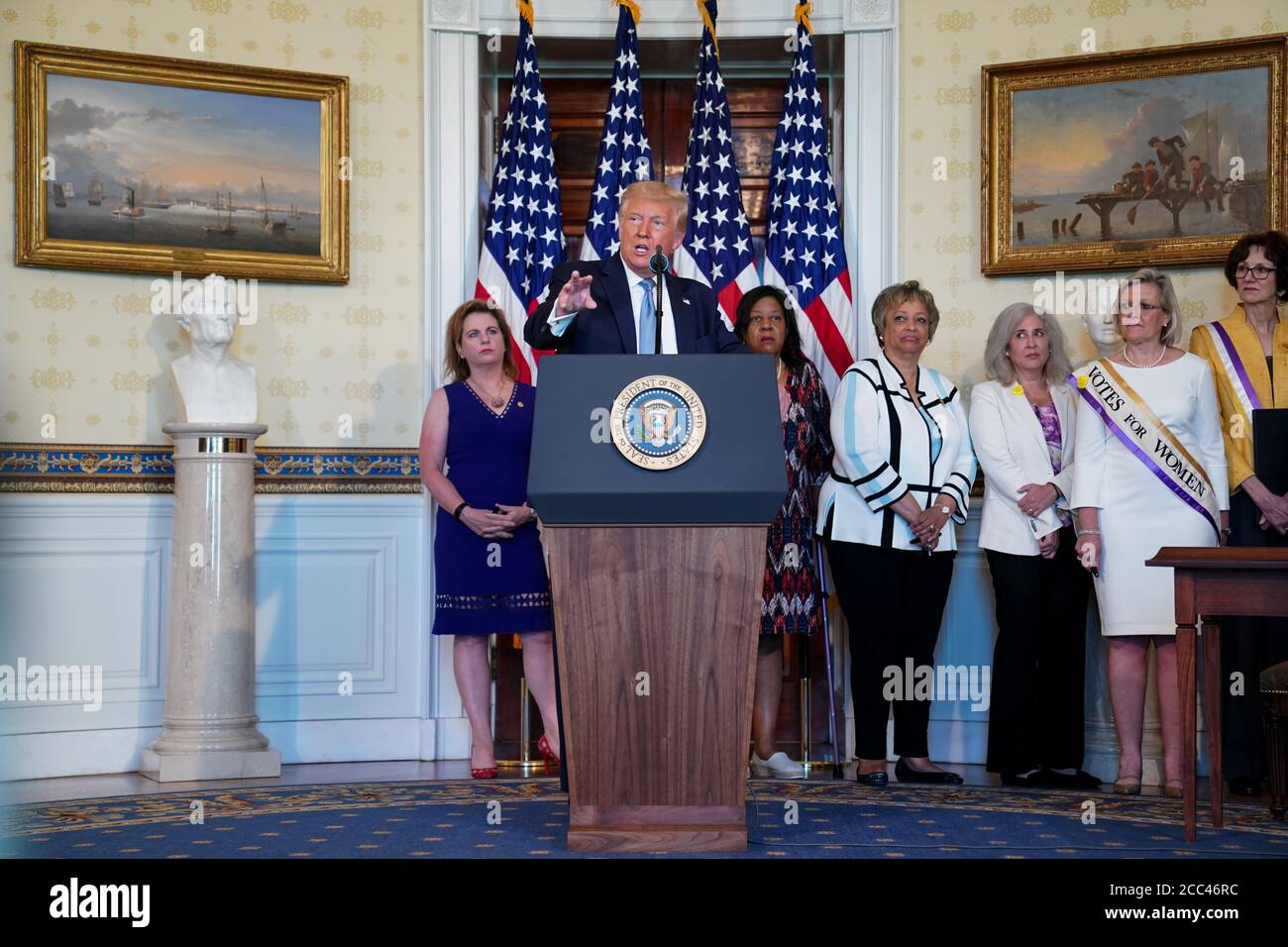 US President Donald J. Trump delivers remarks during a signing ceremony to mark the 100th Anniversary of the Ratification of the 19th Amendment at the White House in Washington, DC, USA, 18 August 2020. This year marks the 100th anniversary of the 19th amendment in the United States, which guaranteed American women the right to vote. Credit: Anna Moneymaker/Pool via CNP /MediaPunch Stock Photo