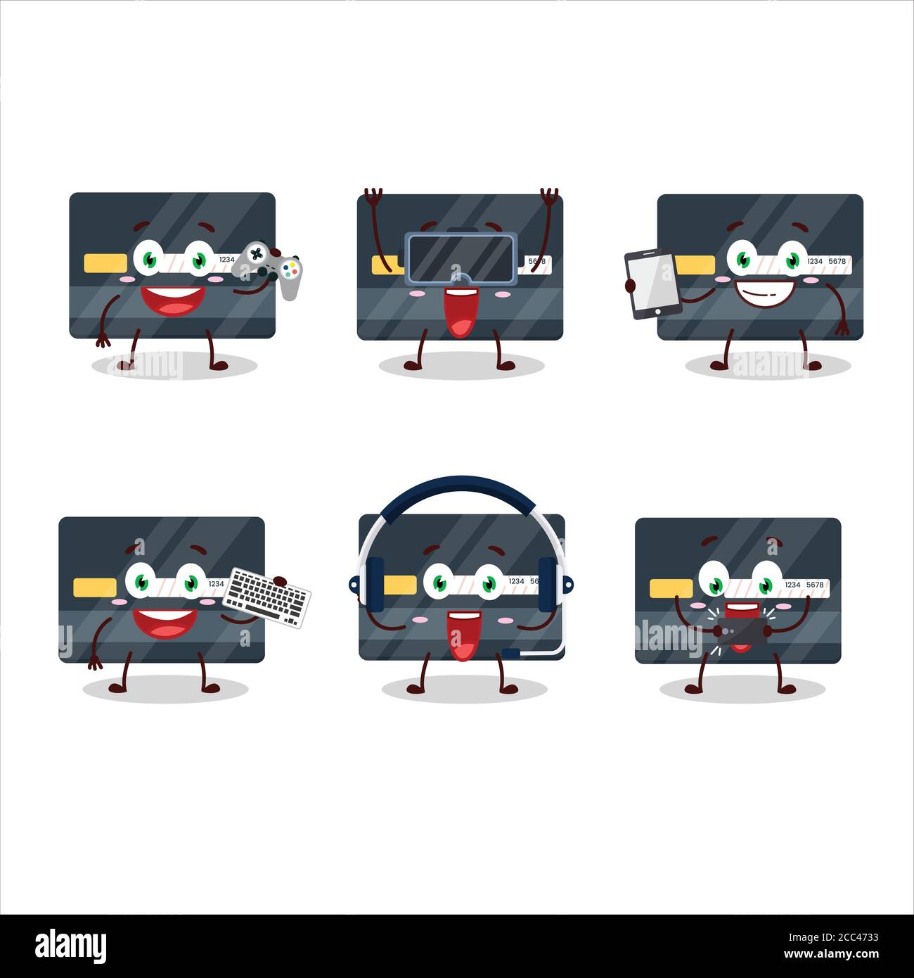 Credit card cartoon character are playing games with various cute ...