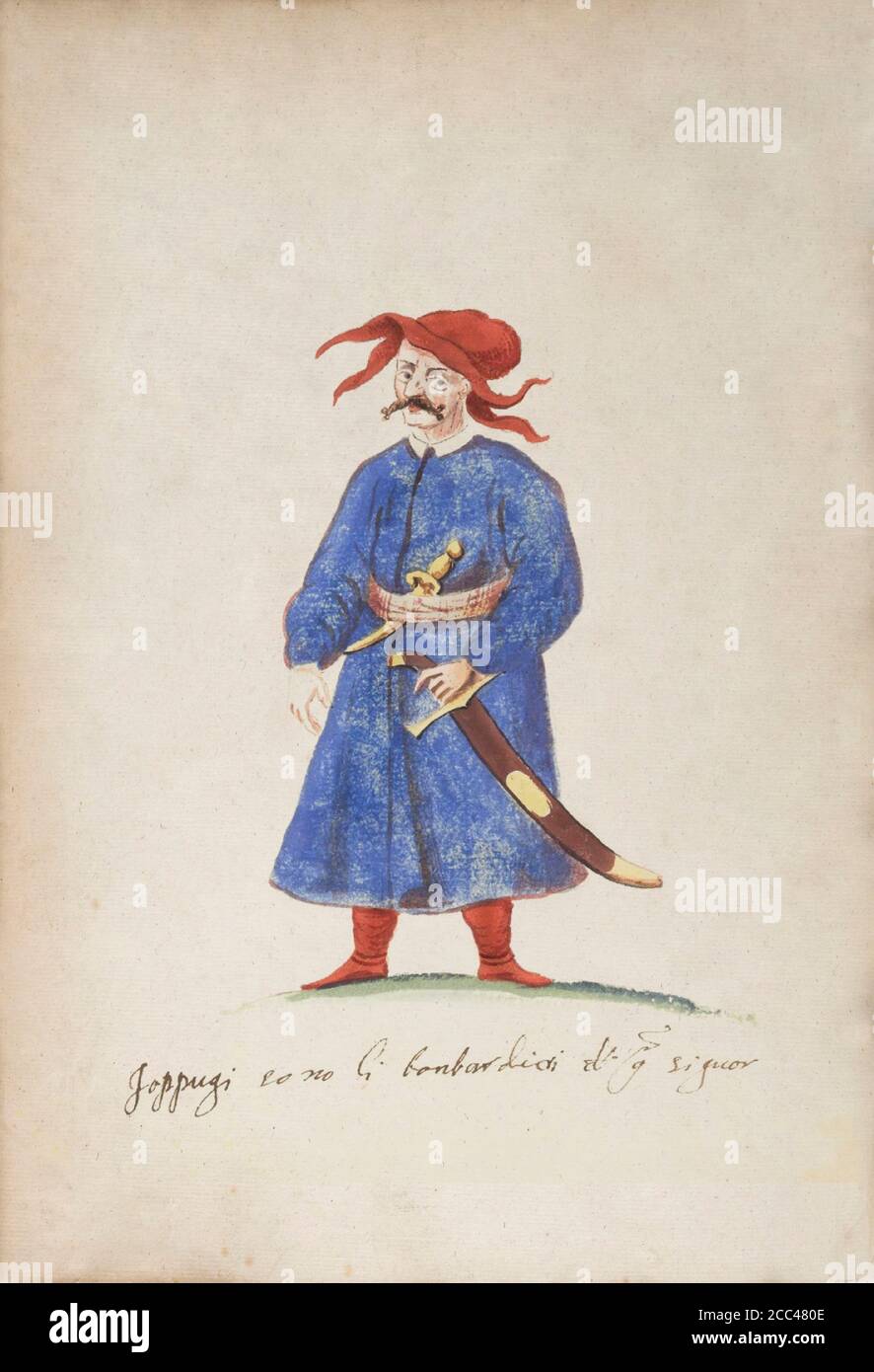 The history of Ottoman Empire. Turkish artilleryman - loppugi. 16th century Stock Photo
