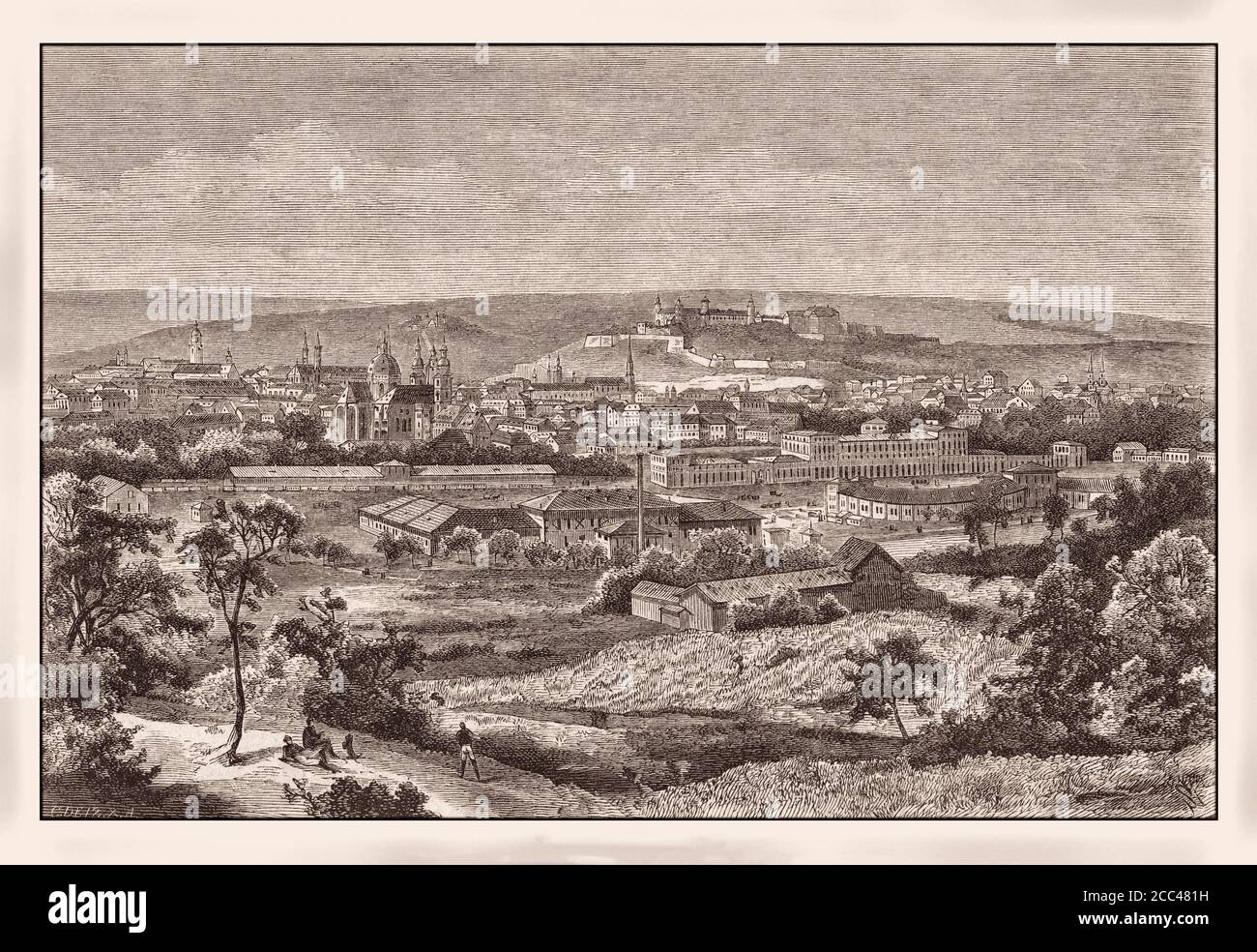 View of Würzburg. Engraving by Robert Friedrich Stieler Würzburg is a city in the region of Franconia, northern Bavaria, Germany. Located on the Main Stock Photo