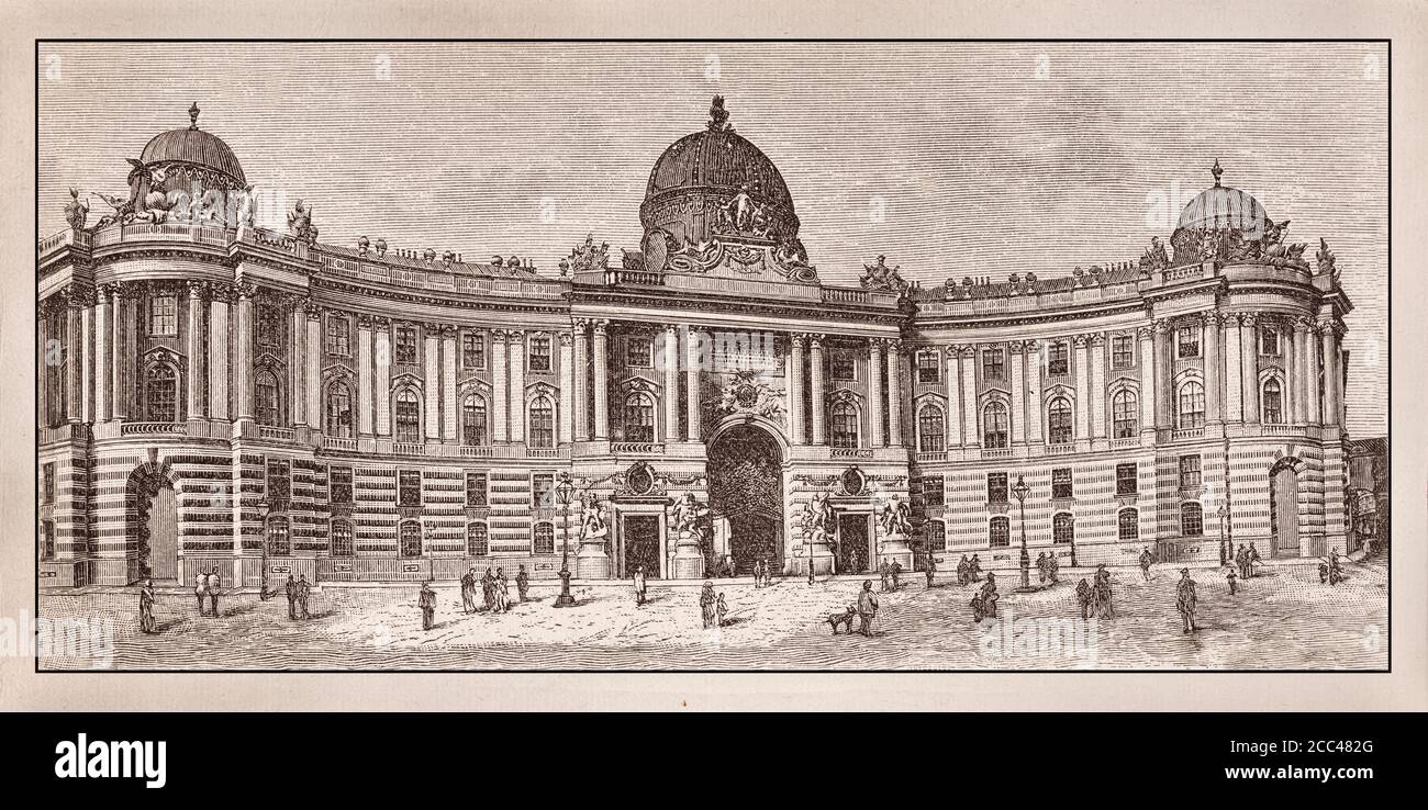 Engraving of Hofburg's facade at Michaelerplatz. Austria, Vienna. 19th century.  The Hofburg is the former principal imperial palace of the Habsburg d Stock Photo