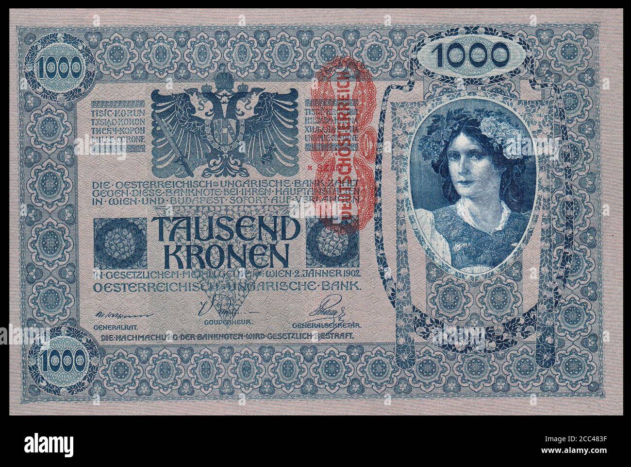 The one thousand crone banknote. Austro-Hubgarian Empire. 1902 Stock Photo