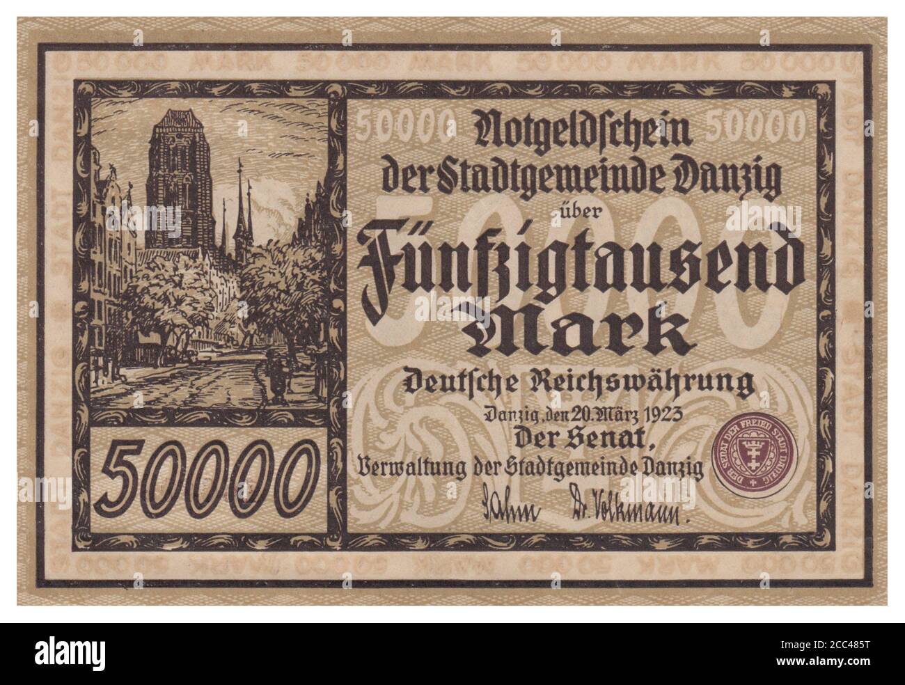 Emergency money (notgeld) banknote of Danzig (town). 50000 mark (DM). On background could see St. Mary's Church. 1922 The Free City of Danzig (German: Stock Photo