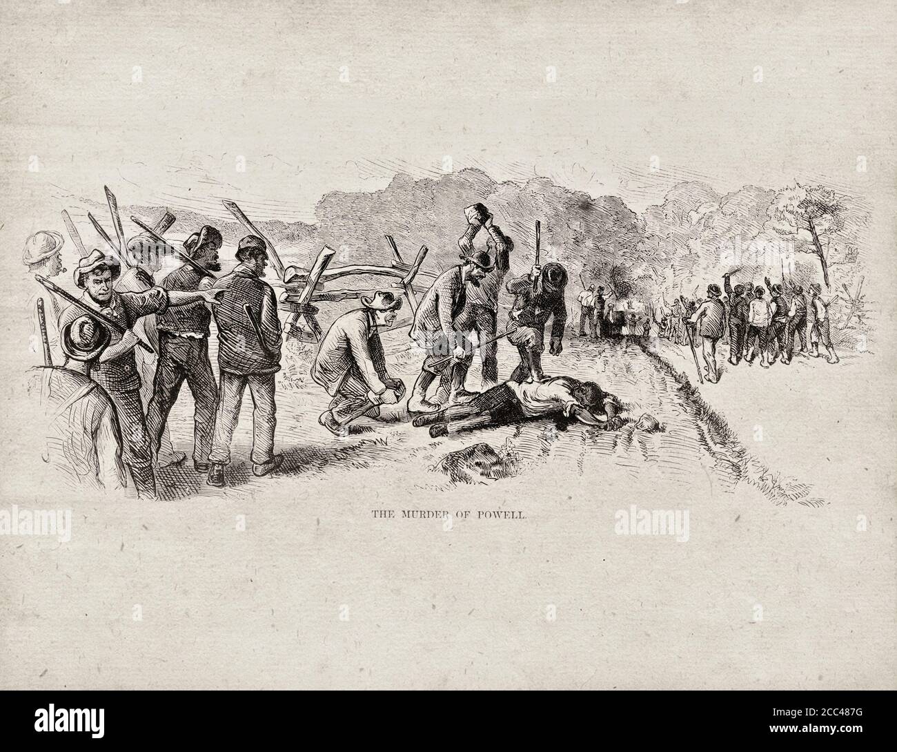 The Murder of Powell. USA. 1872 Illustration shows a group of Irish immigrant workers with clubs standing over the body of African American laborer De Stock Photo