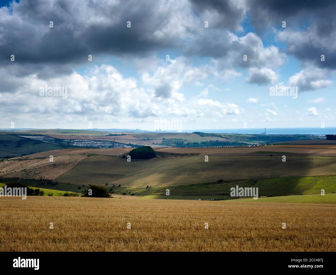View from the South Downs Way above Steyning, West Sussex, towards Brighton, Shoreham and the English Channel Stock Photo