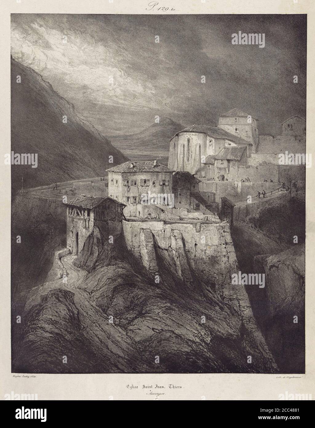 Engraving of the St. John's church. Thiers. France. 19th century Thiers  is a commune in the Puy-de-Dôme department of Auvergne in central France.  Vo Stock Photo