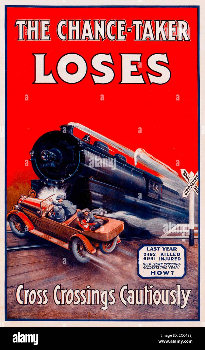 American alarmist poster. Danger and deaths on the railways. “Over the past year, 2492 people were killed and 6991 were injured. Help reduce the numbe Stock Photo