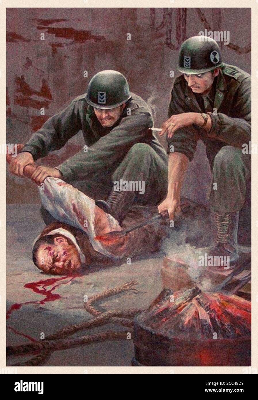 Communist anti-American propaganda. Еxtremely aggressive North Korean propaganda poster during Korean War. Korea. 1950s Stock Photo
