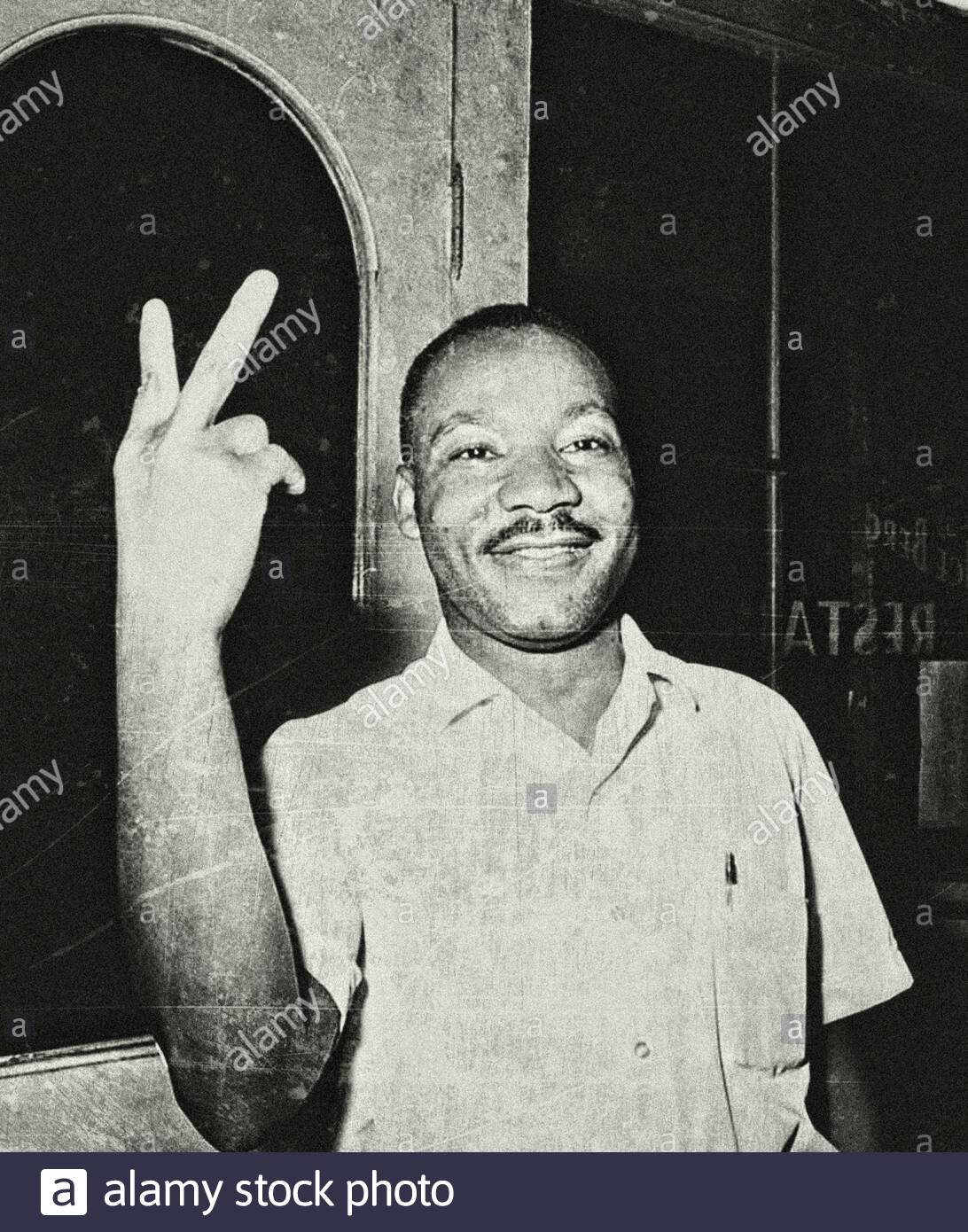 Dr. Martin Luther King, Jr., in St. Augustine, Florida, reacts after learning that the U.S. senate passed the civil rights bill on June 19, 1964. Stock Photo