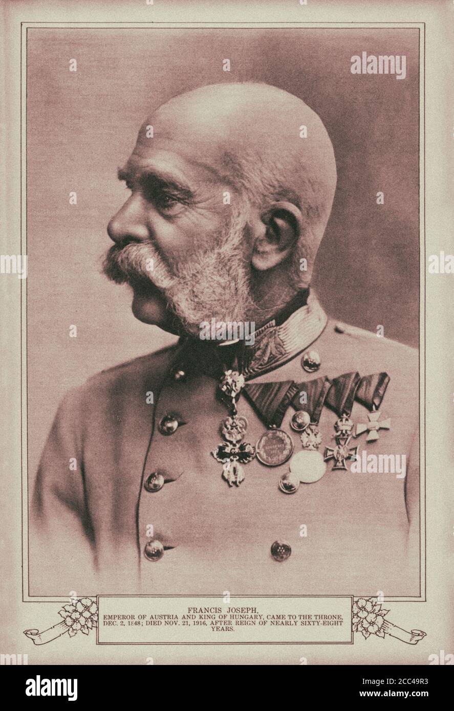 Franz Joseph I or Francis Joseph I (1830 – 1916) was Emperor of Austria, King of Hungary, Croatia, and Bohemia, and monarch of other states of the Aus Stock Photo