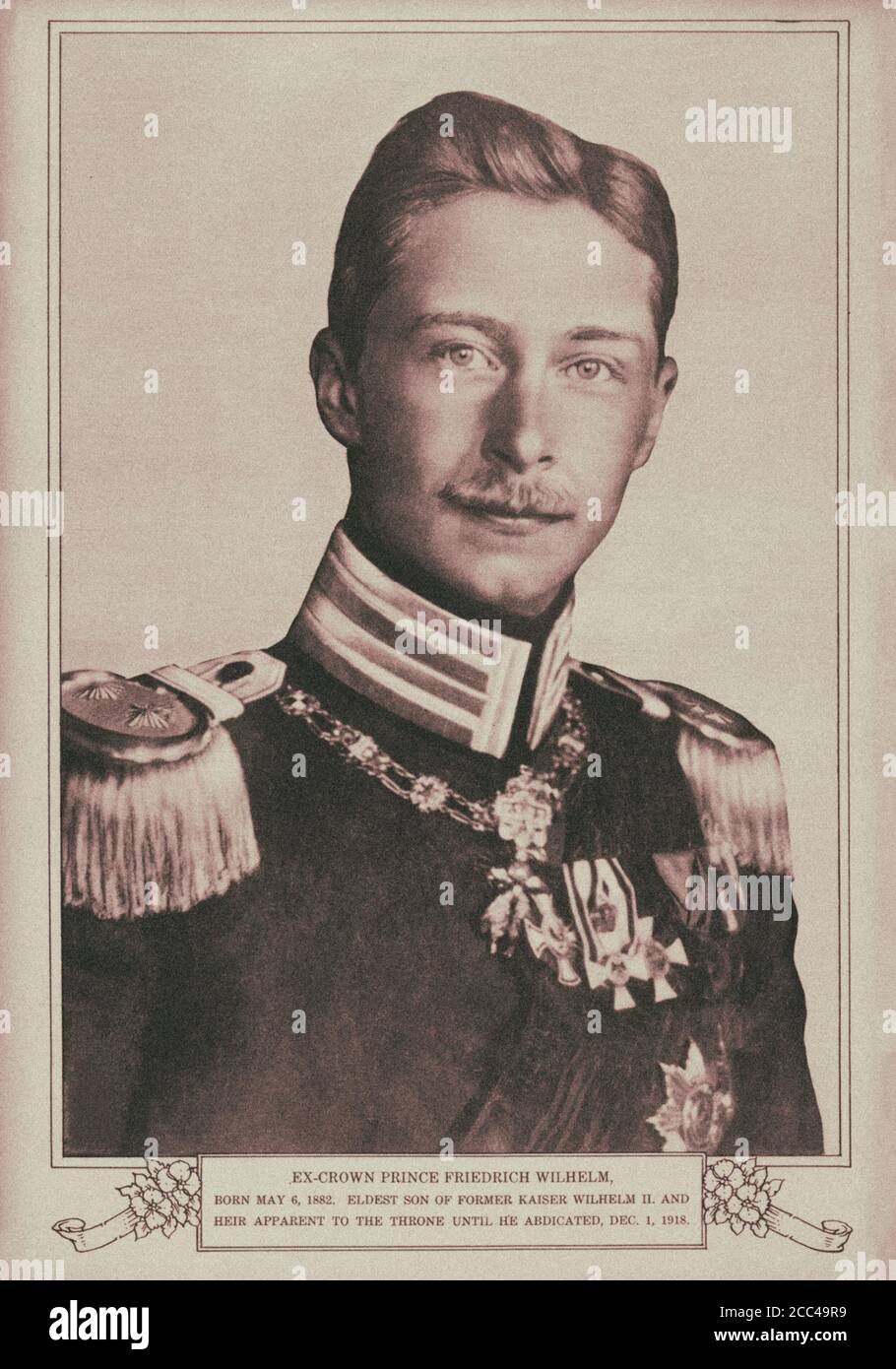 Wilhelm, German Crown Prince (1882 – 1951) was the eldest child and heir of the last German Emperor, Wilhelm II, and the last Crown Prince of the Germ Stock Photo