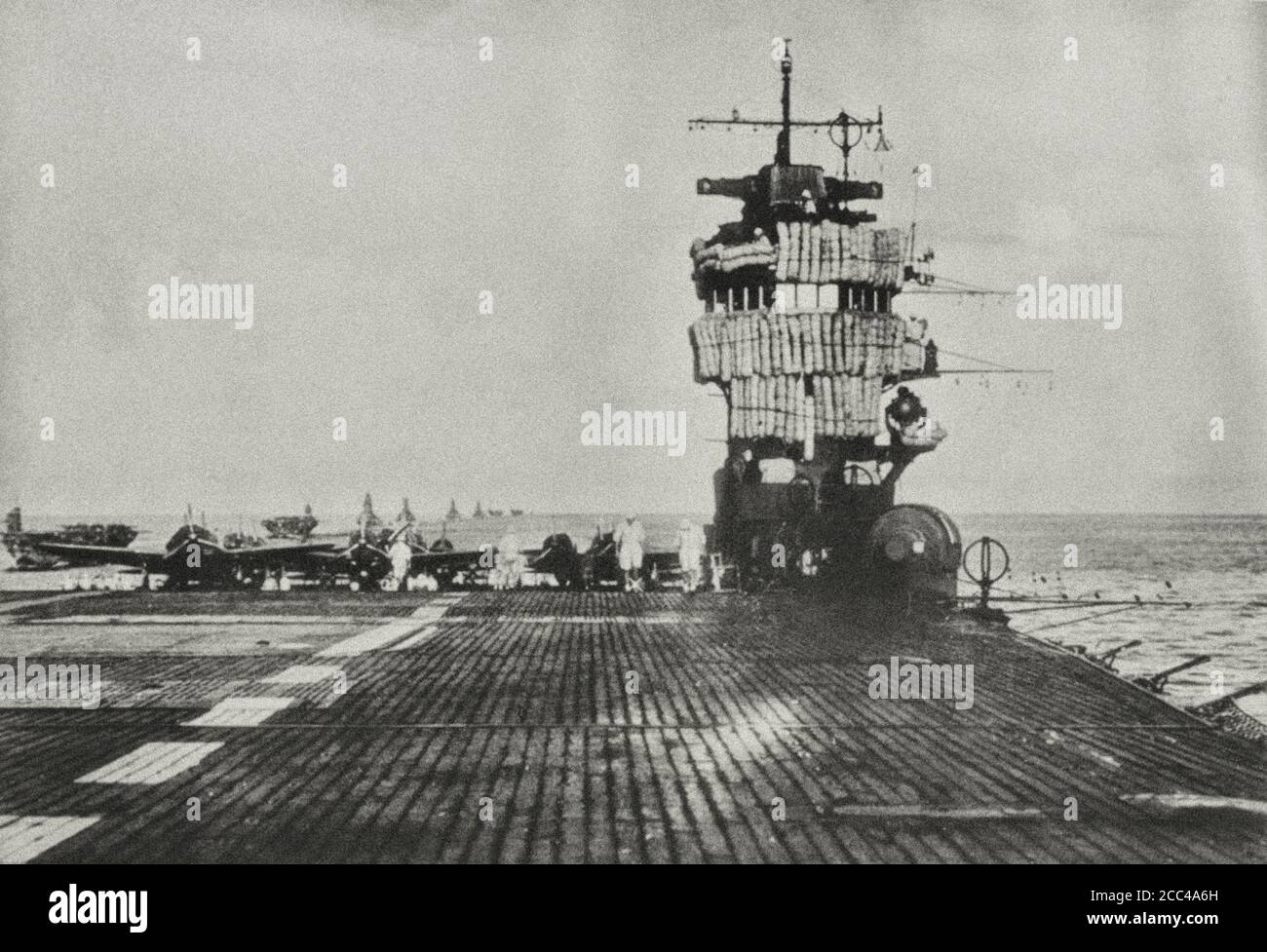 A view of the flight deck of the Japanese aircraft carrier Akagi from the nose. March 1942 Stock Photo