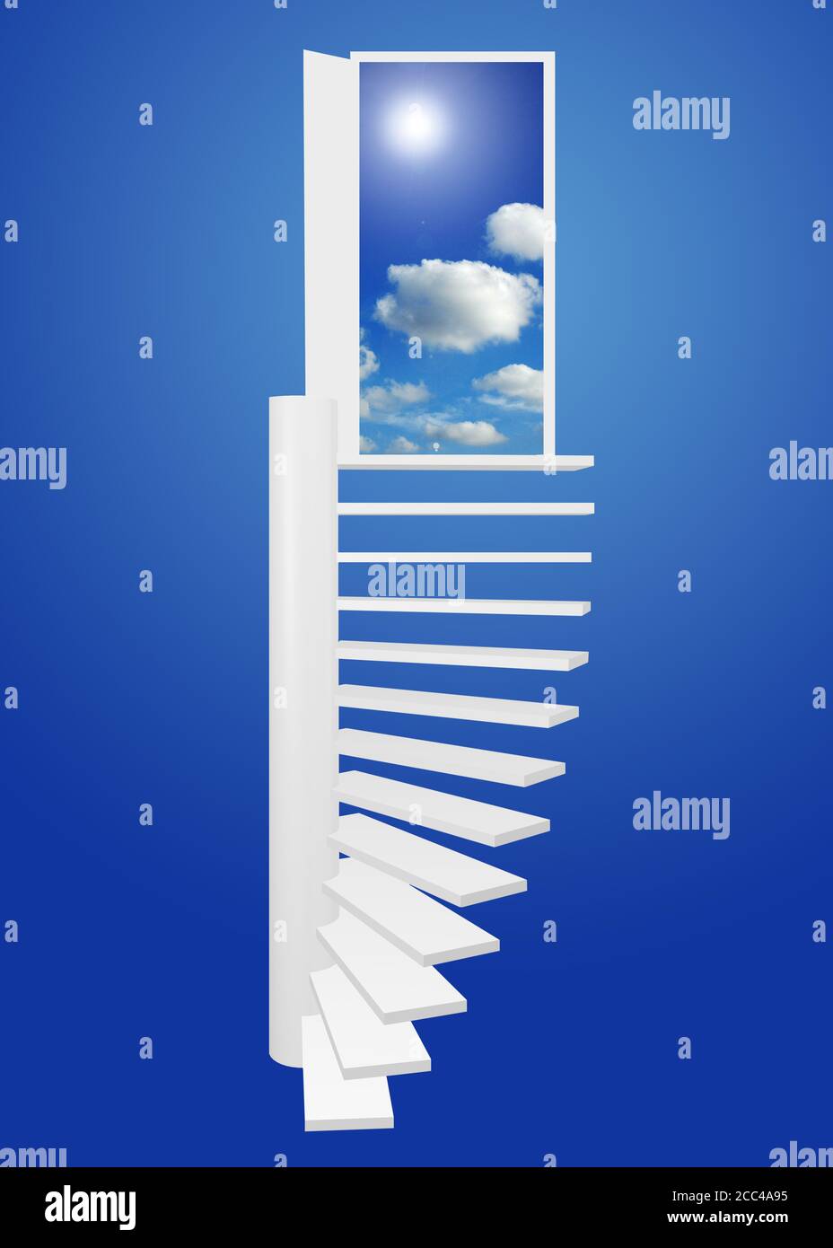 White staircase leading to a door that opens up to the sky on a blue background Stock Photo