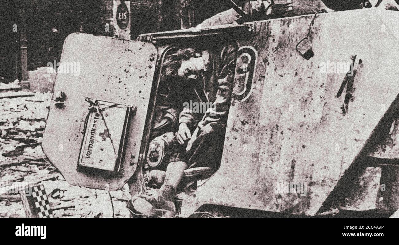The dead German woman in the SdKfz 250/1 armored personnel carrier under the command of Hauptsturmfuhrer Hans-Gosta Pehrsson from the 11.SS-Freiwillig Stock Photo