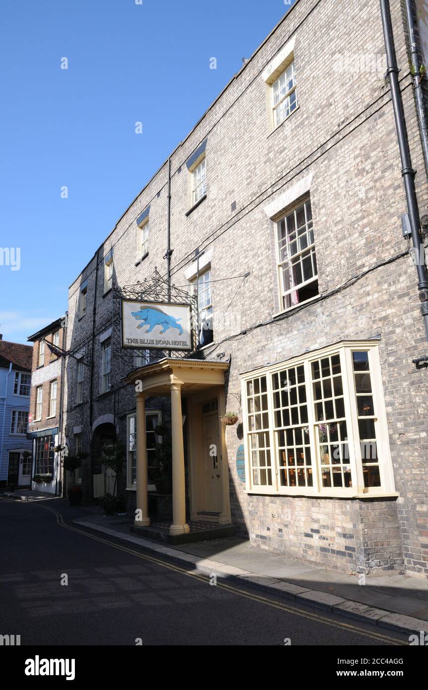 The Blue Boar Hotel, Maldon, Essex, has parts dating to the fourteenth century with a Georgian front, and was once a principal coaching inn at Maldon. Stock Photo