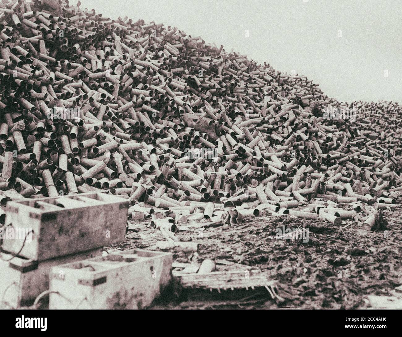 The Worl War I. Battle of the Somme. The huge pile of casings from the shells. In the week leading up to the battle, over 1.5 million shells were fire Stock Photo