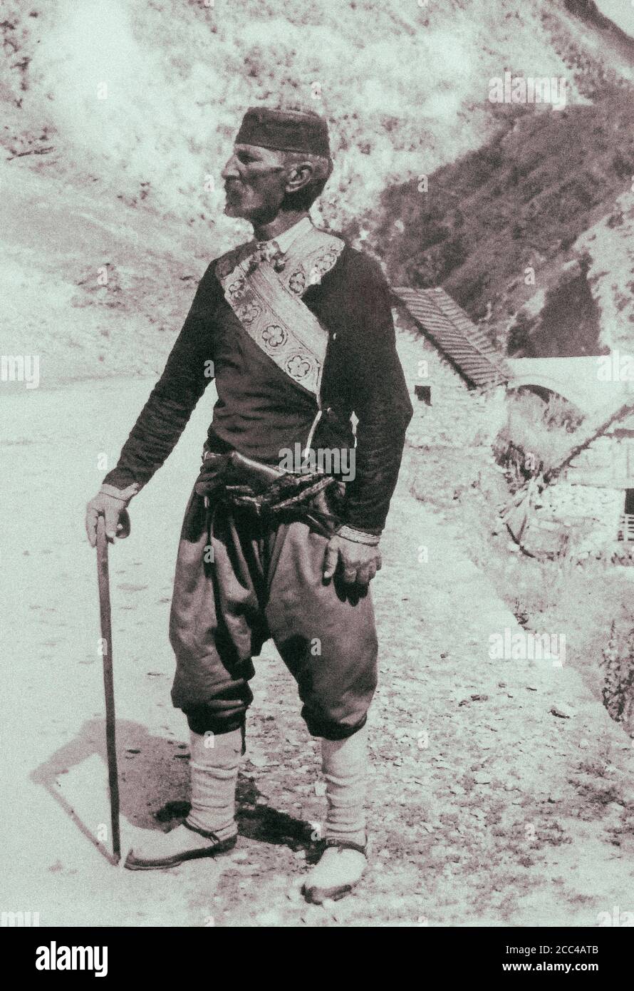 Retro photo of a Montenegrin from Šavnik. 1900s  Šavnik is a town in Montenegro and administrative center of the Šavnik Municipality. It is located at Stock Photo