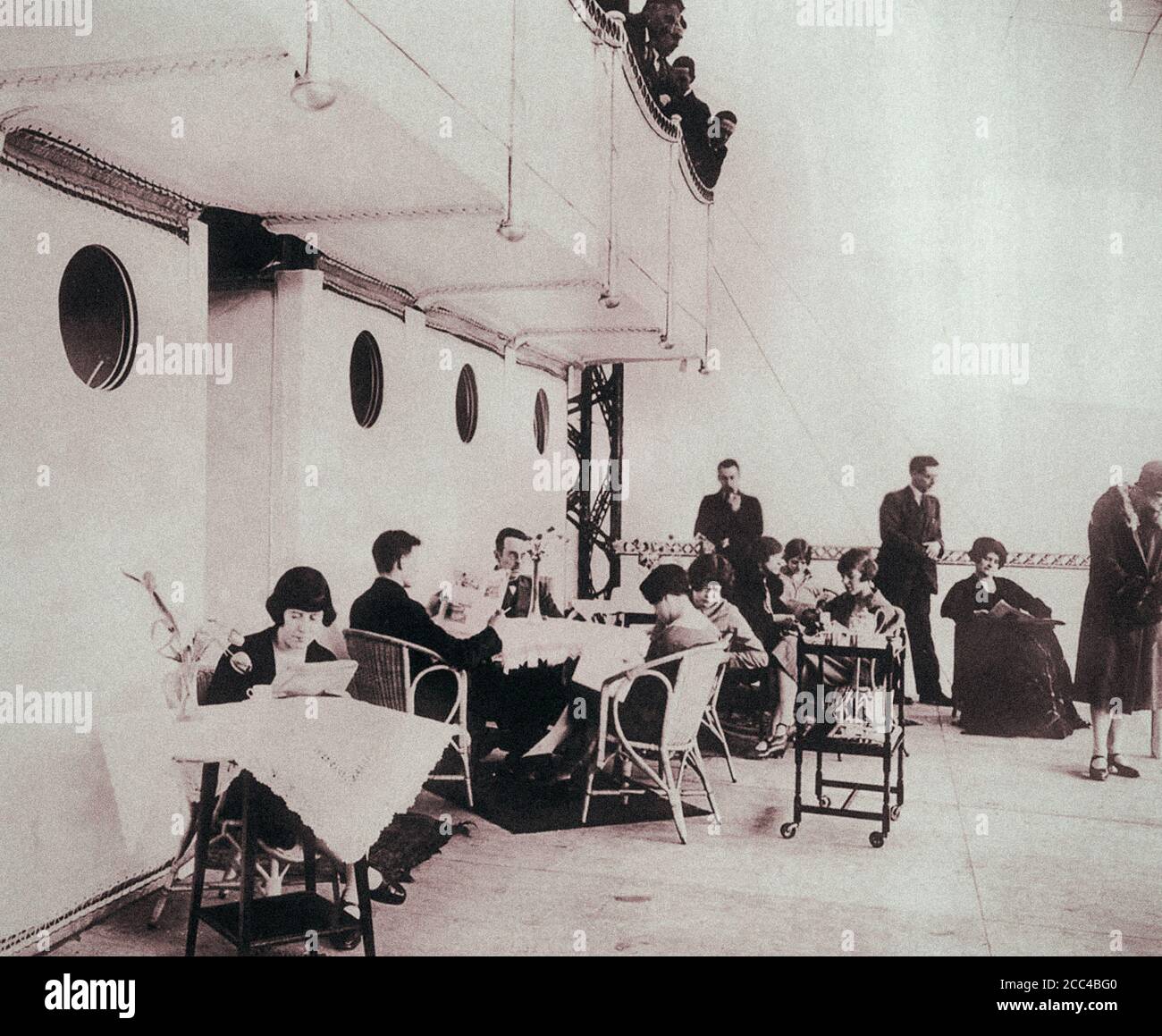 The lounge of His Majesty's Airship R100 is rearranged as a dining room  for meals. 1929. Stock Photo