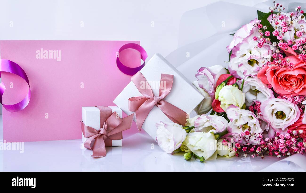 Download Card Mockup With Delicate Bouquet And Gift Boxes Floral Background Top View Flat Lay Holiday Card 8 March Happy Valentine S Day Mother S Day Stock Photo Alamy