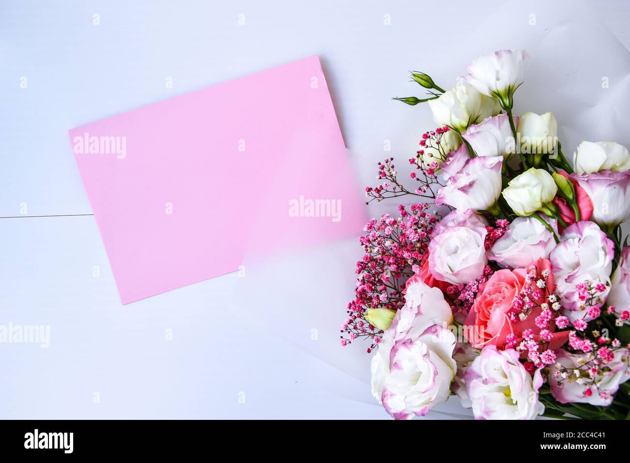 Download Card Mockup With Delicate Bouquet Floral Background Top View Flat Lay Holiday Card 8 March Happy Valentine S Day Mother S Day Concept Copy Space Stock Photo Alamy