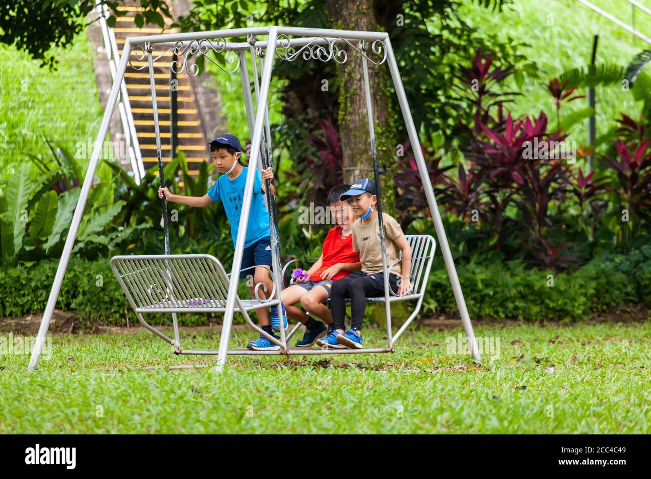 Three Japanese boys on swing at outdoor greenery venue Stock Photo