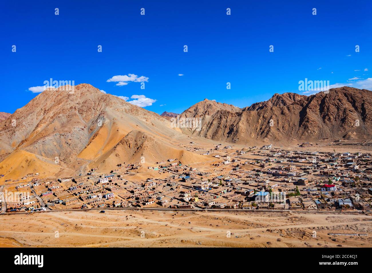 Leh aerial panoramic view. Leh is the capital and largest town of Ladakh union territory in India. Stock Photo