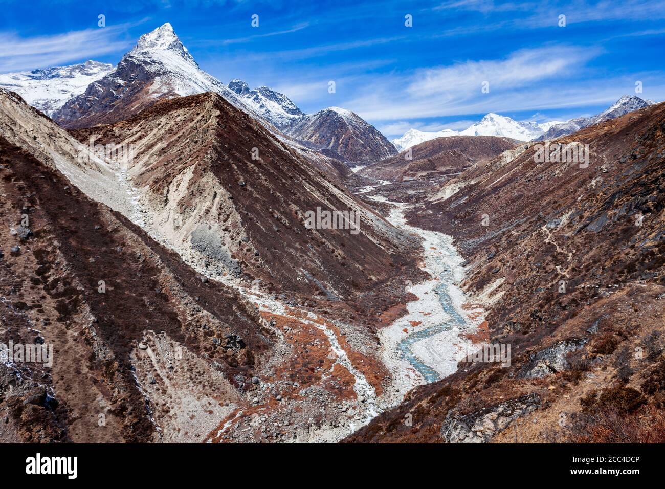Dudh Koshi river valley scenic mountain landscape in Everest or Khumbu region in Himalaya in Nepal Stock Photo