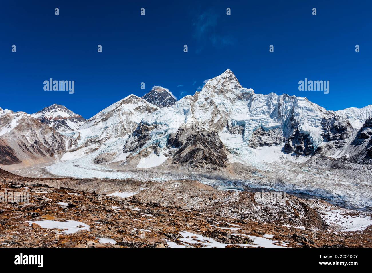 Everest, Nuptse and Lhotse mountains in Khumbu or Everest region in Himalaya, Nepal Stock Photo