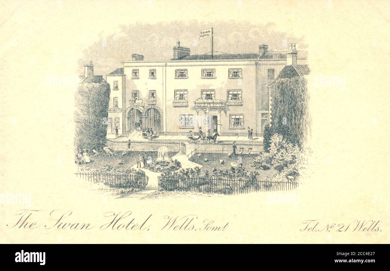 Edwardian engraving  of The Swan Hotel, Well, Somerset circa 1908 Stock Photo