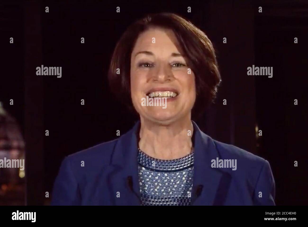 (200818) -- WASHINGTON, D.C., Aug. 18, 2020 (Xinhua) -- Former Democratic presidential candidate, U.S. Senator Amy Klobuchar speaks in a frame grab from a video feed of the 2020 Democratic National Convention, being held virtually amid the novel coronavirus pandemic, as participants from across the country are hosted over video with the control center in Milwaukee, Wisconsin, the United States, Aug. 17, 2020.  The almost entirely virtual 2020 U.S. Democratic National Convention kicked off on Monday night.   During the four-day event, presumptive Democratic presidential nominee Joe Biden will a Stock Photo