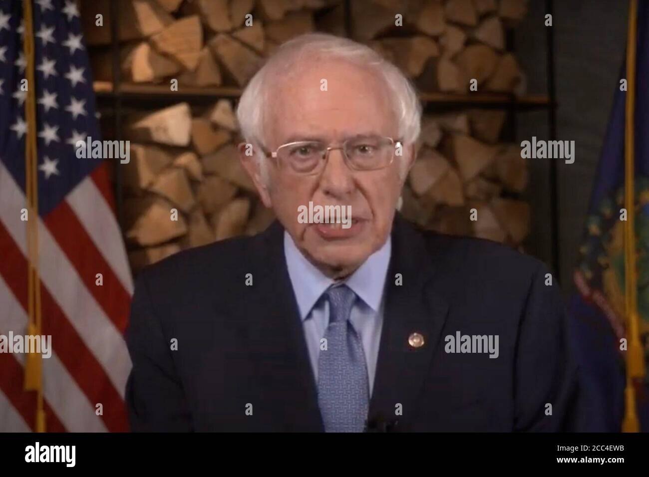 (200818) -- WASHINGTON, D.C., Aug. 18, 2020 (Xinhua) -- Former Democratic presidential candidate, U.S. Senator Bernie Sanders speaks in a frame grab from a video feed of the 2020 Democratic National Convention, being held virtually amid the novel coronavirus pandemic, as participants from across the country are hosted over video with the control center in Milwaukee, Wisconsin, the United States, Aug. 17, 2020.  The almost entirely virtual 2020 U.S. Democratic National Convention kicked off on Monday night.   During the four-day event, presumptive Democratic presidential nominee Joe Biden will Stock Photo