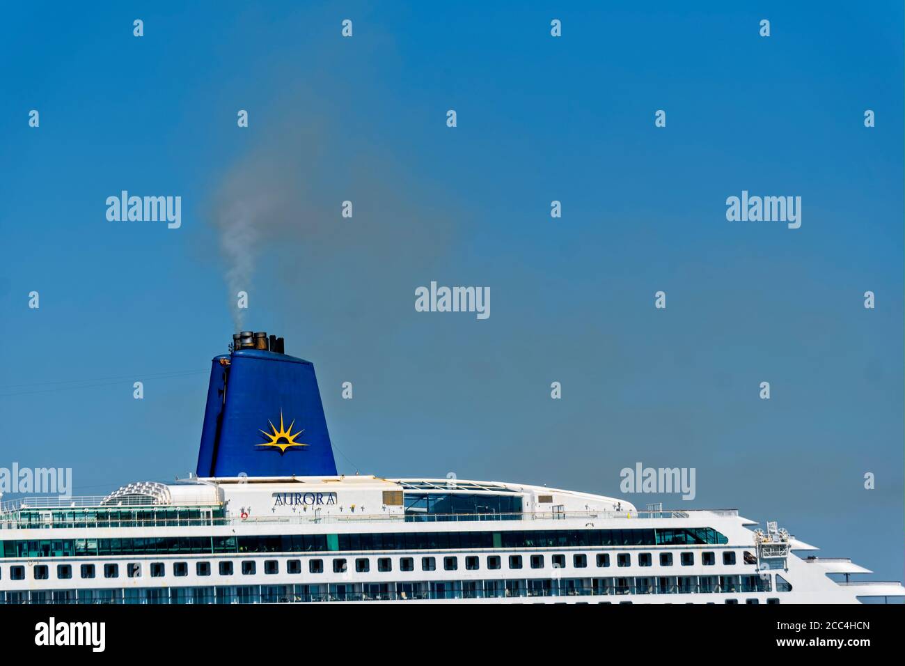 Pollution from burning heavy fuel on cruise ship anchored off