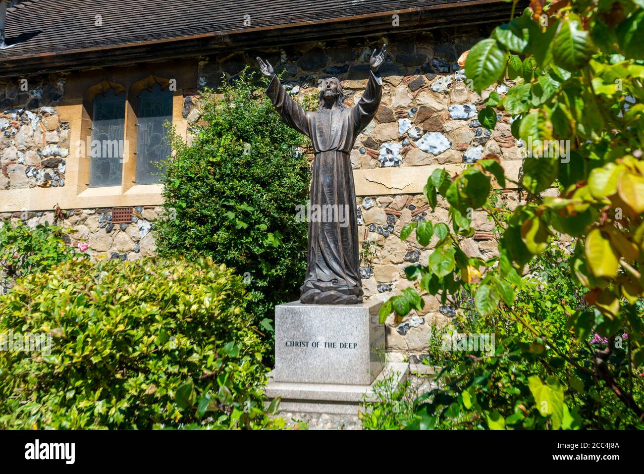 Catholic Church of Our Lady of Lourdes & St Joseph church, on corner of Leigh Road and Cliffsea Grove. Parish church. Christ of the deep statue Stock Photo