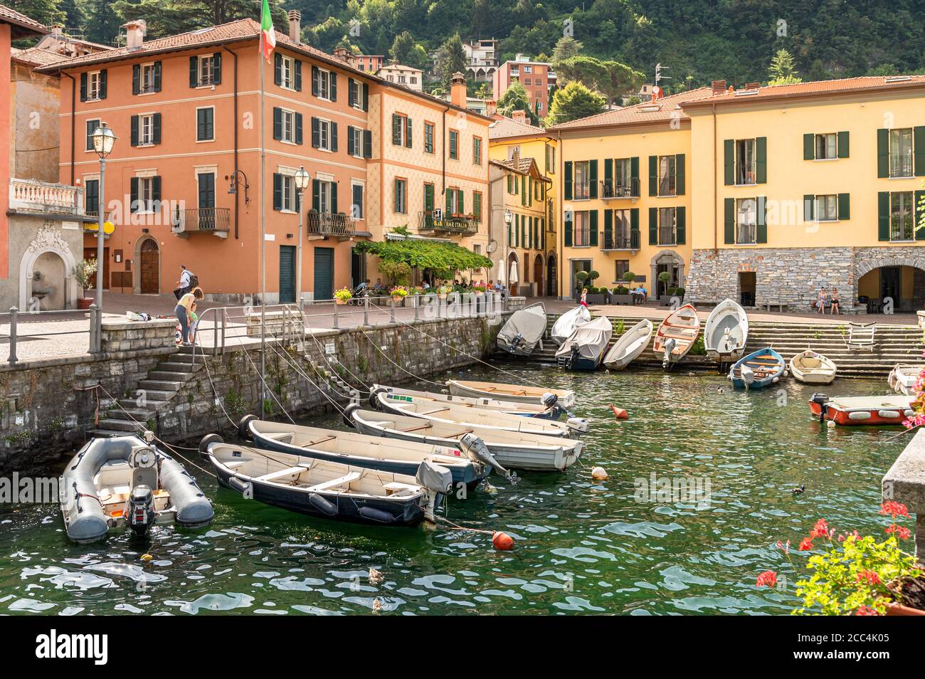 Torno, Lombardy, Italy - July 8, 2019: Central square of ancient village Torno overlooking Lake Como, Italy Stock Photo