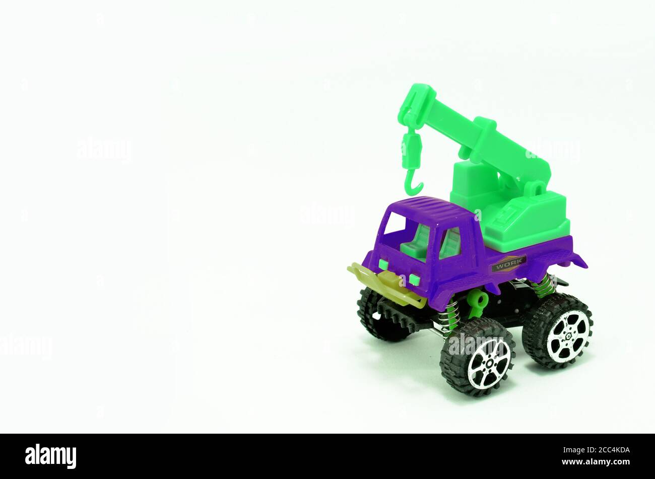 Toy crane truck isolated on white background Stock Photo