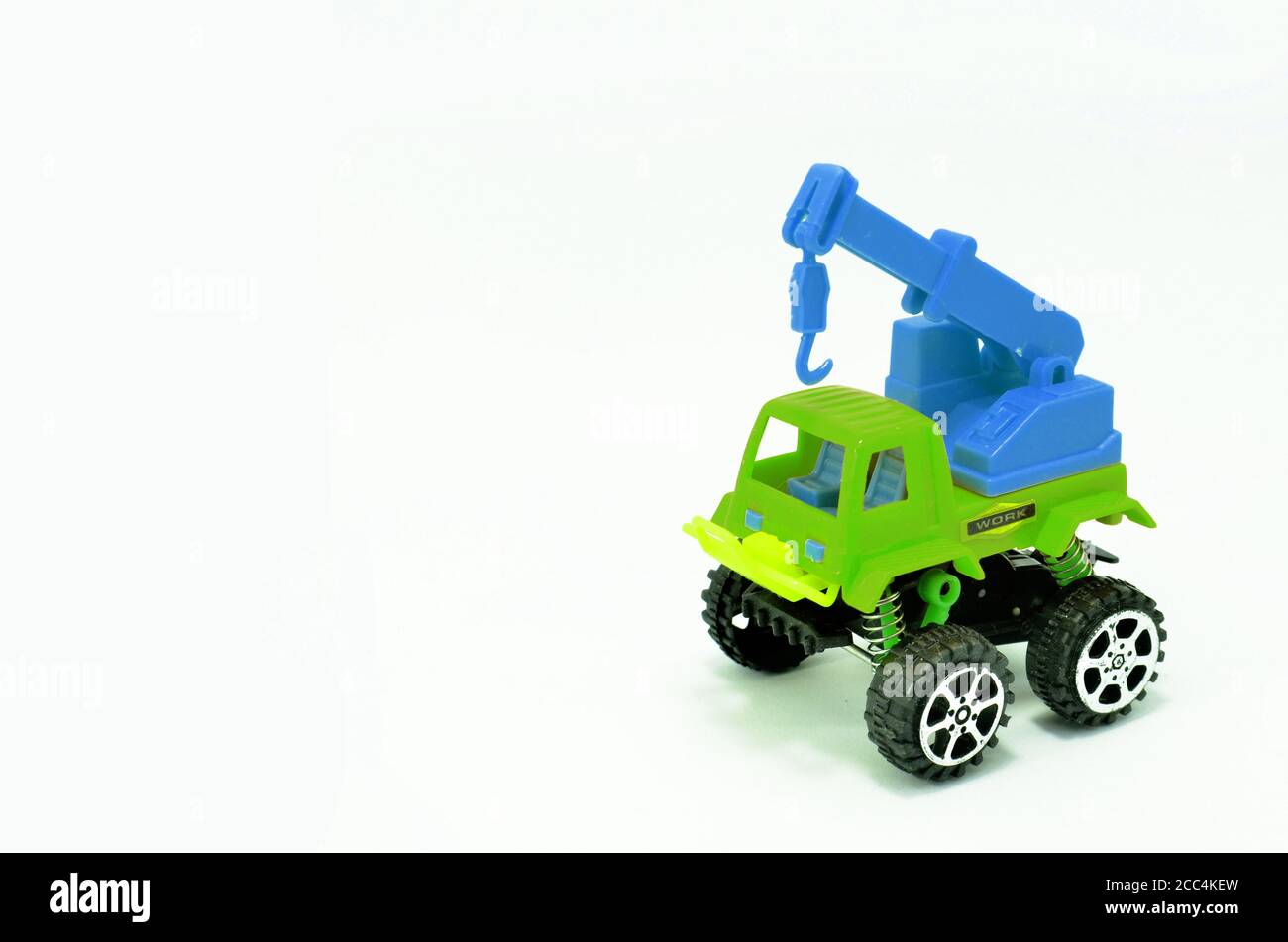 Toy crane truck isolated on white background Stock Photo