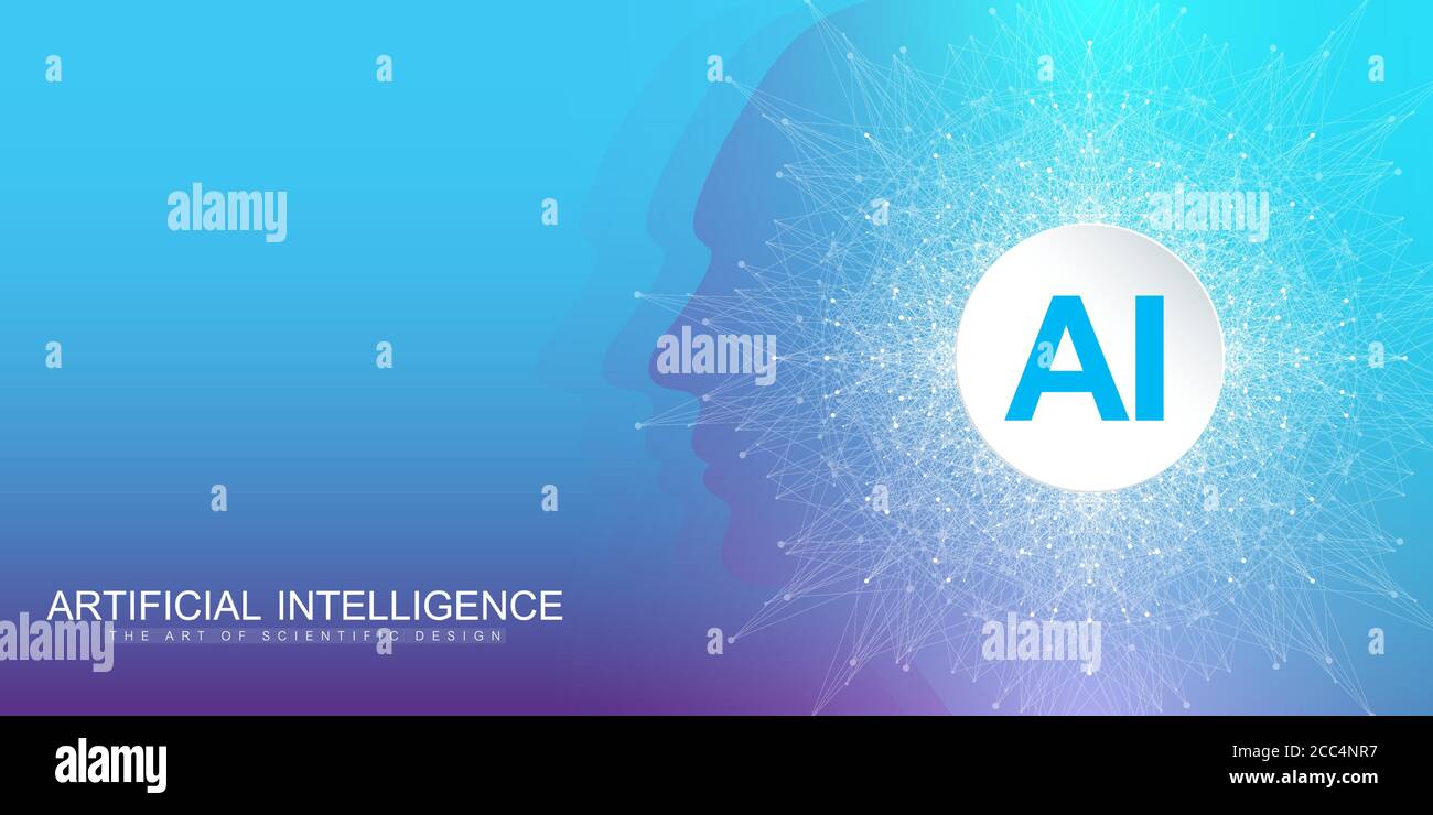 Artificial Intelligence and Machine Learning Vector Concept in Neural Network. AI Web Banner Design with Human Face. Wave Flow Communication. Digital Stock Vector