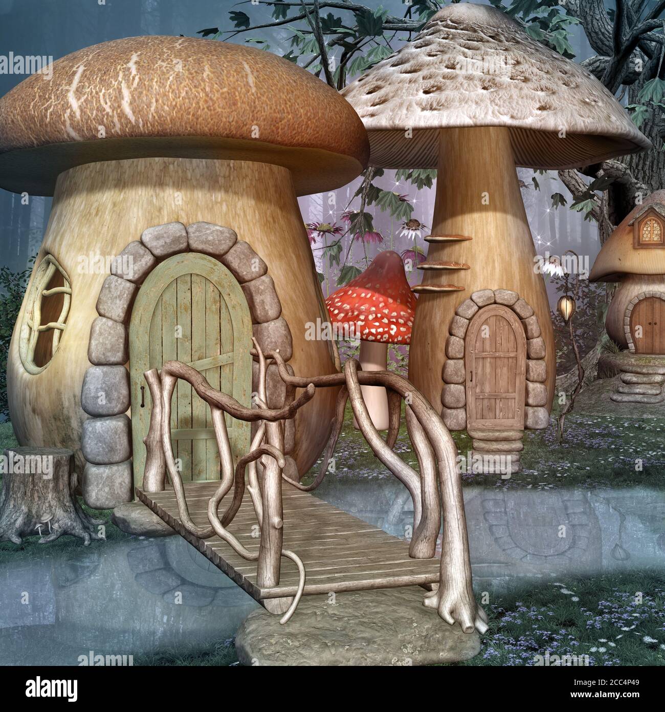 Fantasy mushrooms village with different kinds of houses, a river and a bridge Stock Photo