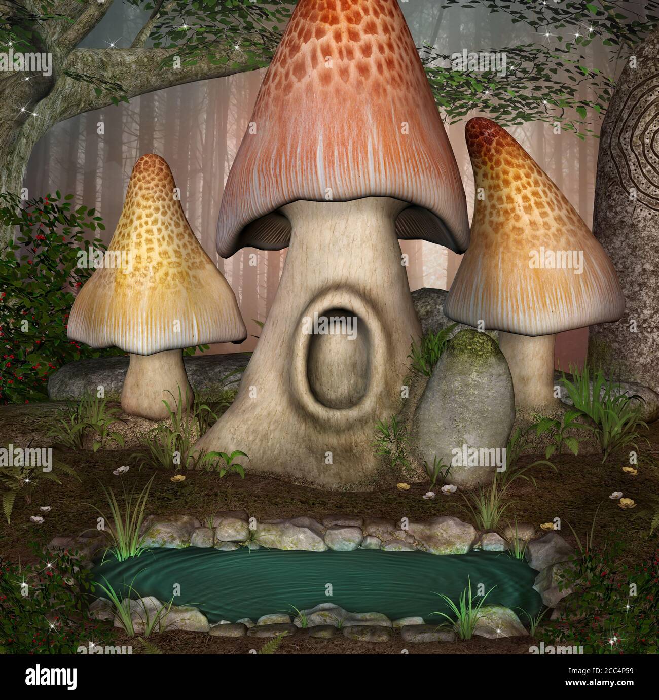 Fantasy mushrooms in the foggy forest by a little pond Stock Photo Alamy