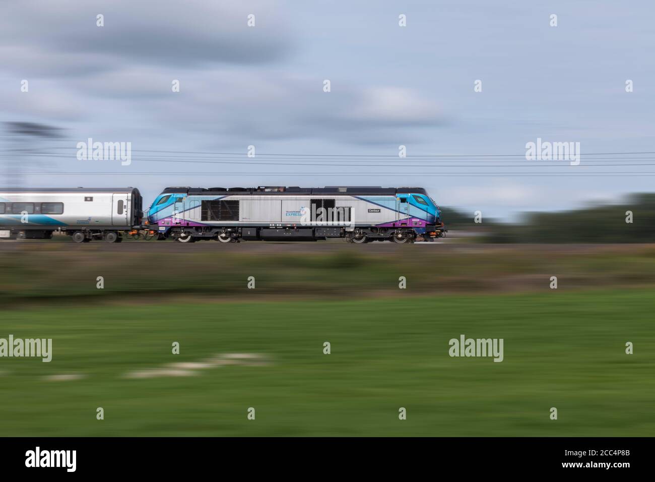 First Transpennine express Nova 3 train with a class 68 68024 and CAF MK 5 carriages on the west coast mainline with a  high speed test run Stock Photo