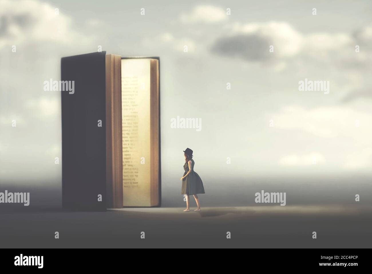 surreal book opens a door illuminated to a woman, concept of way to freedom Stock Photo
