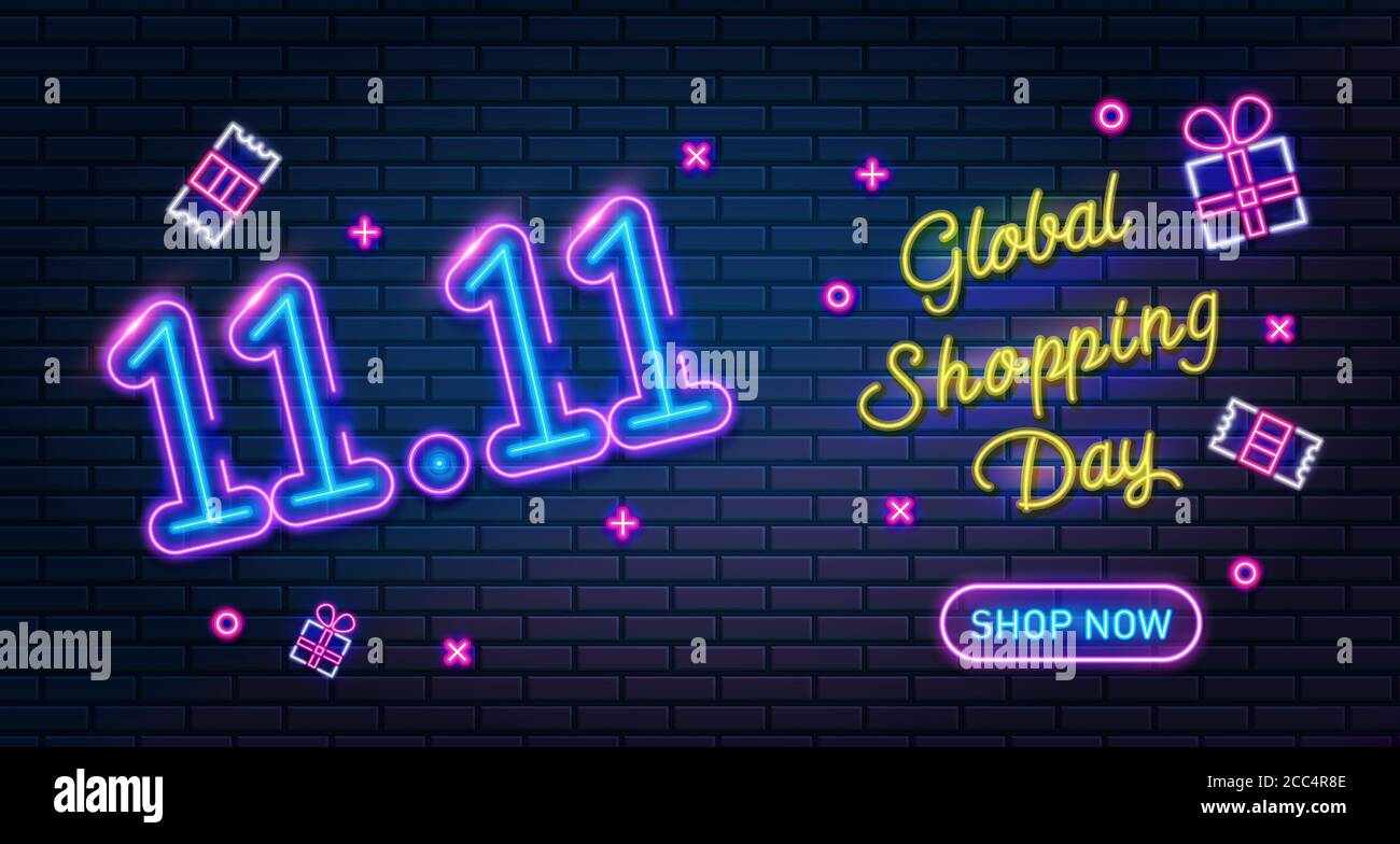 11.11 Online Shopping Day Neon sign, sale poster or flyer design. Singles day sale banner. Global shopping world day, vector illustration. Stock Vector